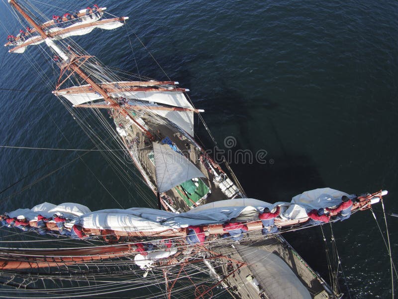 Sailing on tallship or sailboat, view from aloft stock photography Sailing on tallship or sailboat, view from aloft stock photography