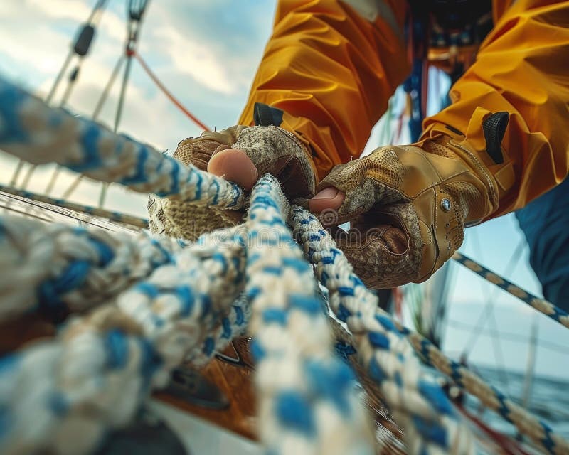 Sailor demonstrating precision in adjusting sail ropes for olympic sailing sport stock illustration