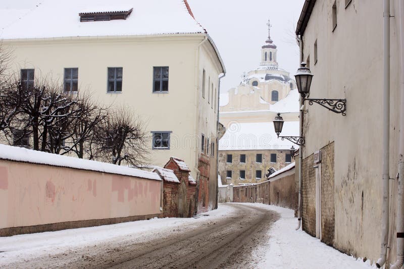 Saint ignatius street in winter oldtown Vilnius
