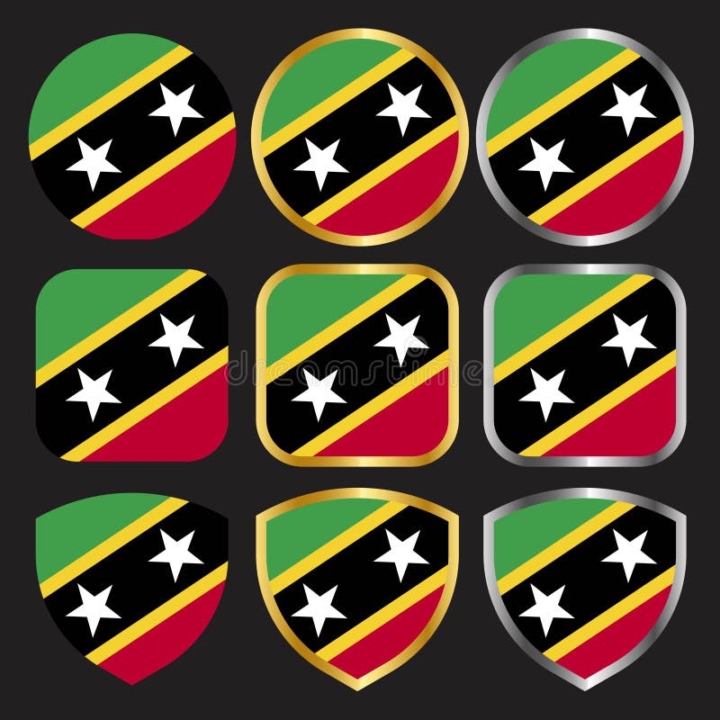 Saint Kitts Flag Vector Icon Set with Gold and Silver Border Stock
