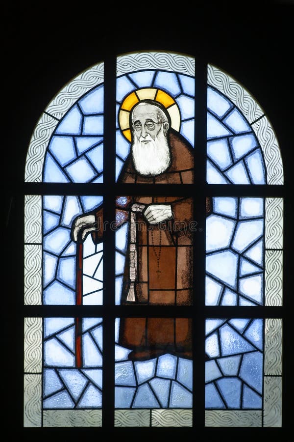 Saint Leopold Mandic, stained glass window at St. Mark`s Church in Jakusevec, Zagreb