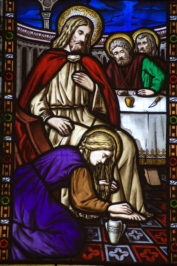 Saint Mary Magdalen footwashing Stained Glass Wind