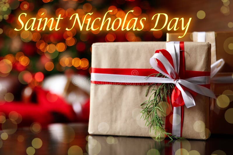Saint Nicholas Day. Saint Nicholas Day. Beautiful Gift Box on Table