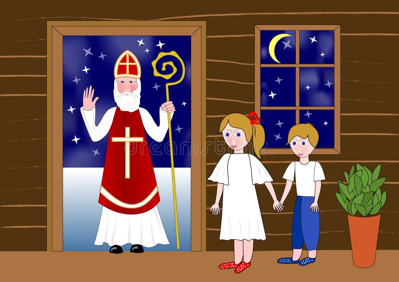 Saint Nicolas w drzwi drewniany dom Dwa ślicznego dziecka czeka w pokoju ilustracji Saint Nicolas w drzwi drewniany dom Dwa ślicznego dziecka czeka w pokoju ilustracji