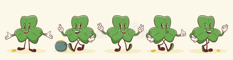 Saint patrick day groovy chanceux shamrock rétro jeu de caractères. caricature trèfle vert trèfle et pièces d'or pot cauldron illustration stock
