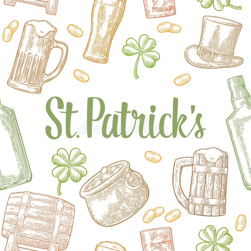 Saint Patrick Day. hat, Pot coins, pipe, beer, lyre, horseshoe royalty free illustration Saint Patrick Day. hat, Pot coins, pipe, beer, lyre, horseshoe royalty free illustration