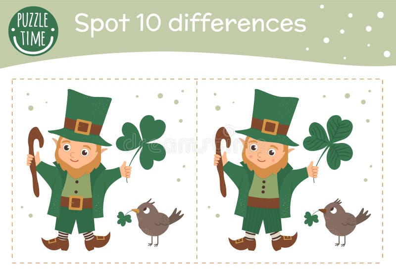 Saint Patrick’s Day find differences game for children 带小妖精的春假节日学前活动 拼图 库存例证