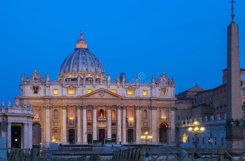 The Saint Peter`s Basilica at night, Rome royalty free stock photo The Saint Peter`s Basilica at night, Rome royalty free stock photo