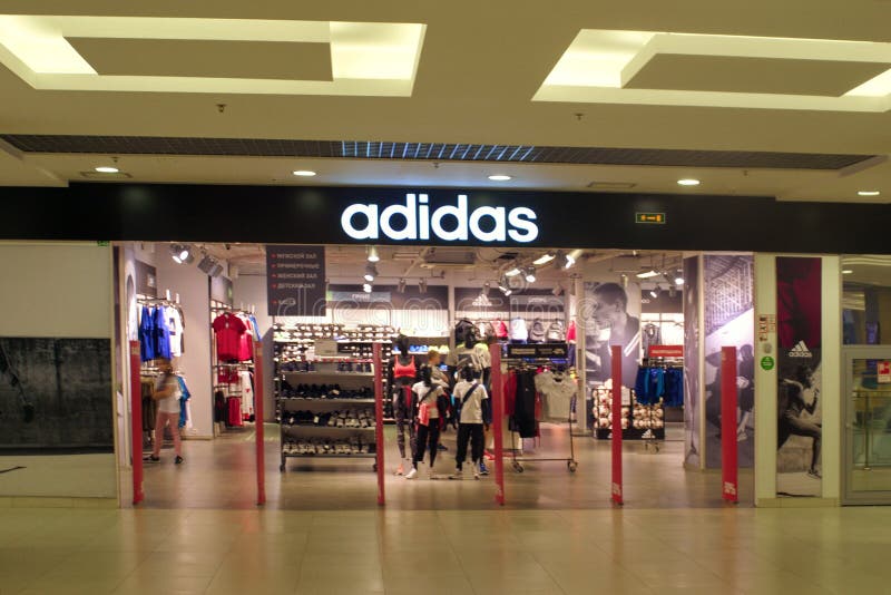 Saint Petersburg, Russia - August 08, 2018: Logo Adidas in the Mall. Company Shop. Editorial Stock Photo - of retail, logo: 128377708