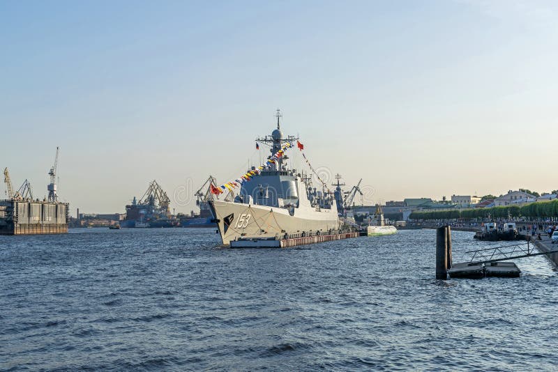 Saint Petersburg, Russia -  July 26, 2019: Chinese Navy guided-missile destroyer Xi’an 153 ready to participate in the Main Naval Parade to celebrate the Day of the Russian Navy, a senior holiday in the Russian Armed Forces. Saint Petersburg, Russia -  July 26, 2019: Chinese Navy guided-missile destroyer Xi’an 153 ready to participate in the Main Naval Parade to celebrate the Day of the Russian Navy, a senior holiday in the Russian Armed Forces