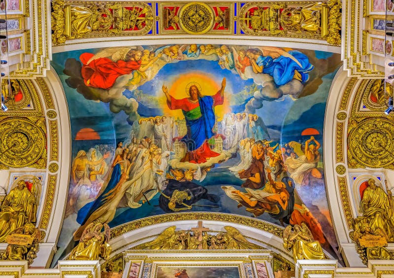 Colorful fresco icon of Jesus Christ on the ceiling in Saint Isaac s Russian Orthodox Cathedral in Saint Petersburg, Russia