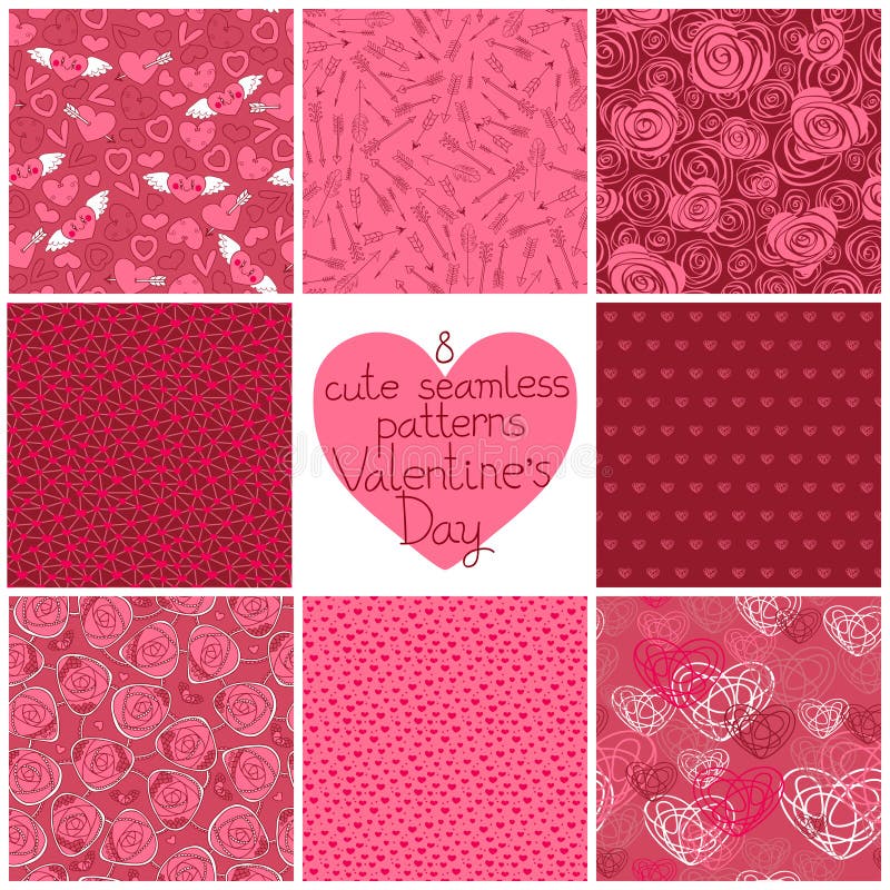Saint-Valentin sans couture de modèles. Texture sans couture de 8 vecteurs au mariage et à la Saint-Valentin. Le modèle sans couture peut être employé pour le papier peint, motifs de remplissage, fond de page Web, textures extérieures. Les milieux avec des coeurs, des fleurs et des flèches de cupidon sont idéaux pour des invitations