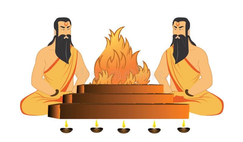 Saints rituals. Two indian Sadhus performing Yajna royalty free illustration