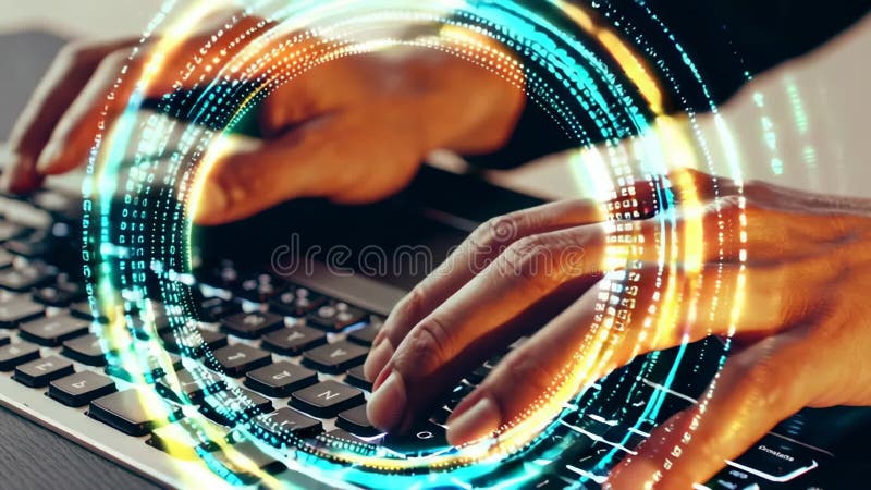 Saisie par programmeur sur clavier avec effets numériques futuristes illustration libre de droits