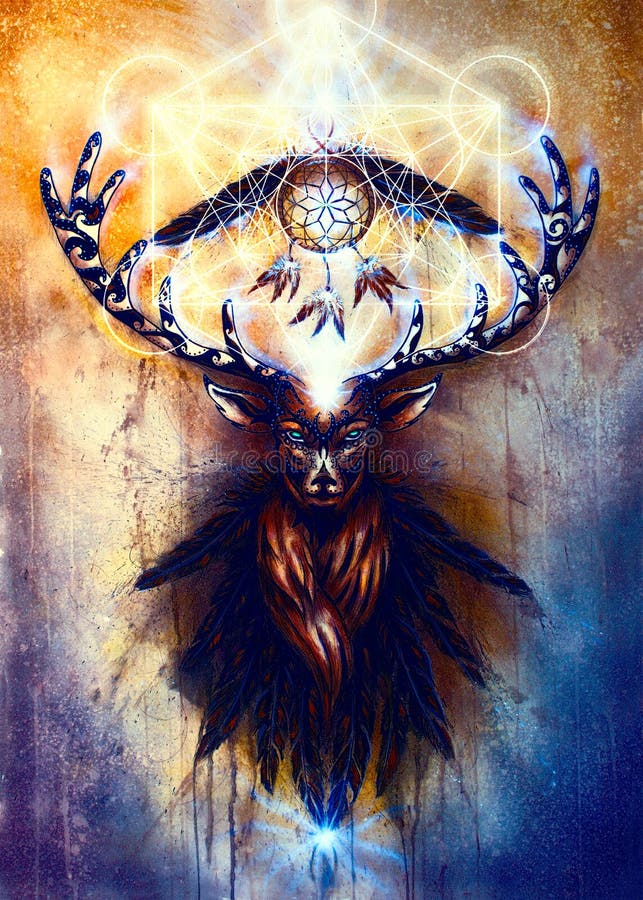 Sakral dekorativ hjortande med dröm- stopparesymbol och fjädrar och merkaba stock illustrationer Sakral dekorativ hjortande med dröm- stopparesymbol och fjädrar och merkaba stock illustrationer