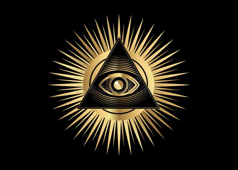 Sakralt frimurar- symbol Guld allt seende öga, det tredje ögat ögat av försyn inom triangelpyramiden ny beställningsvärld stock illustrationer