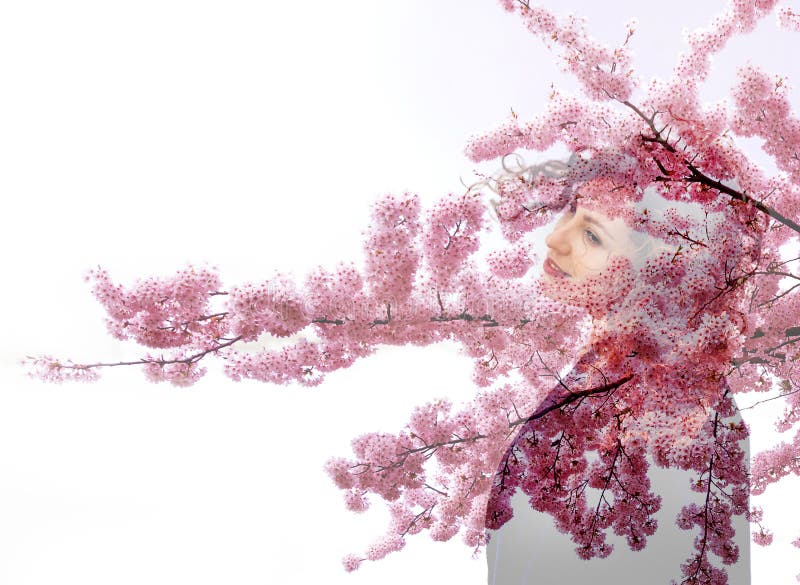Sakura blom parkerar för flickaregn för solen den körsbärsröda kvinnan för lynnet för dubbel exponering för våren för kvinnan för arkivfoton Sakura blom parkerar för flickaregn för solen den körsbärsröda kvinnan för lynnet för dubbel exponering för våren för kvinnan för arkivfoton