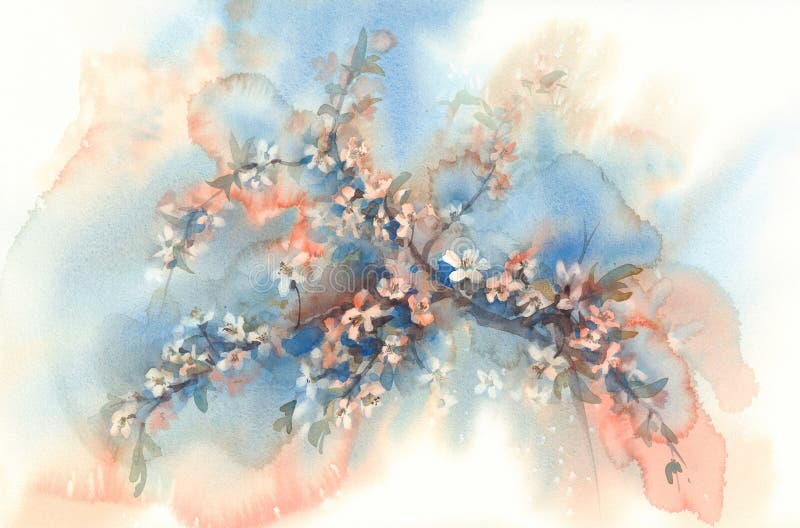 Sakura branches in bloom watercolor blue background