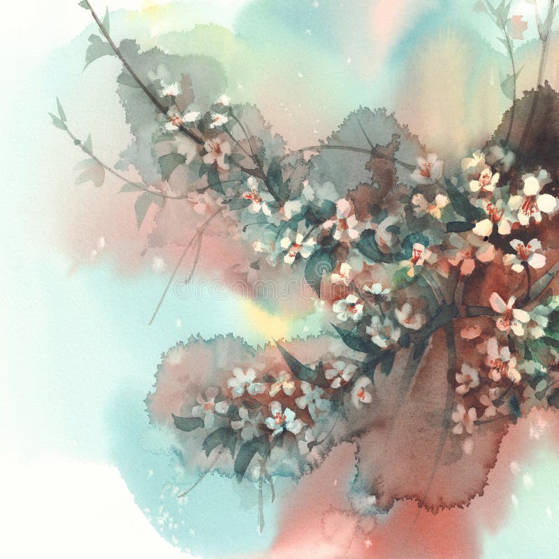 Sakura branches in bloom watercolor brown background