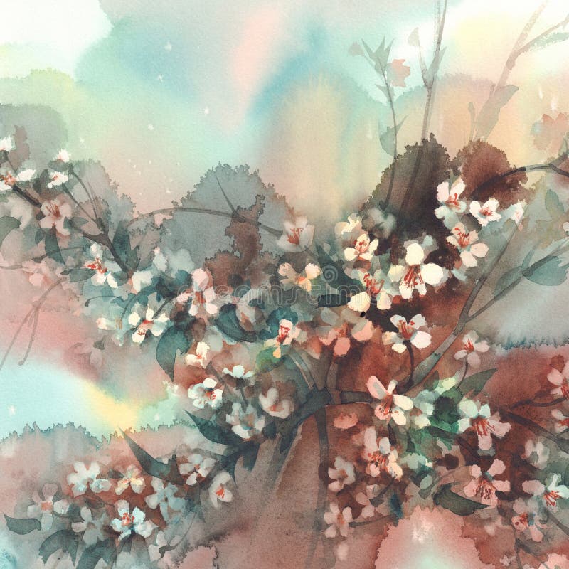 Sakura branches in bloom watercolor brown background