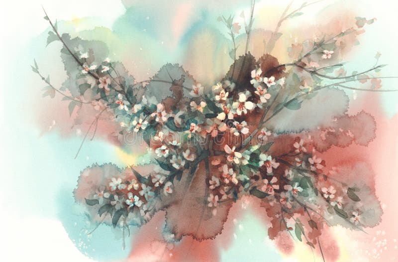 Sakura branches in bloom watercolor brown background