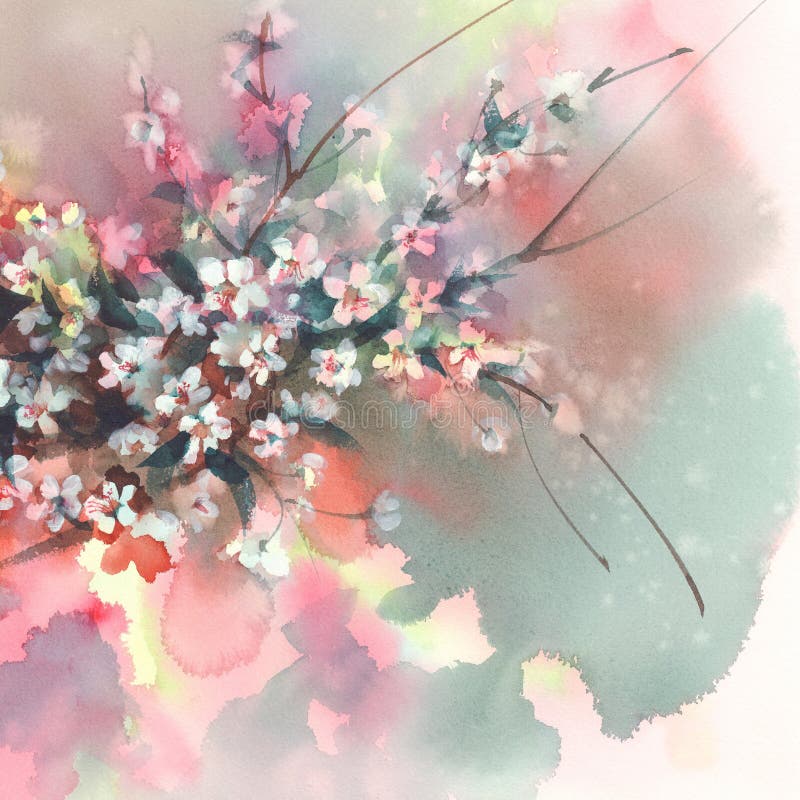 Sakura branches in bloom watercolor red background
