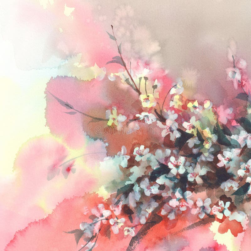 Sakura branches in bloom watercolor red background