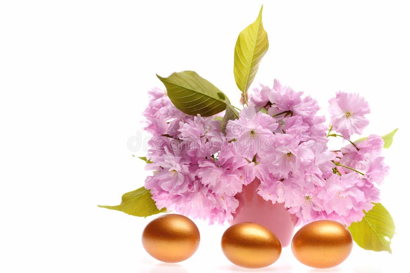 Pink and Golden Coloured Eggs and Light Japanese Sakura in Bouquet