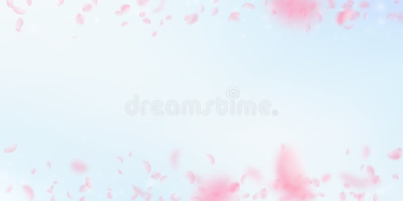 Sakura petals falling down. Romantic pink flowers border. Flying petals on blue sky wide background. stock illustration Sakura petals falling down. Romantic pink flowers border. Flying petals on blue sky wide background. stock illustration