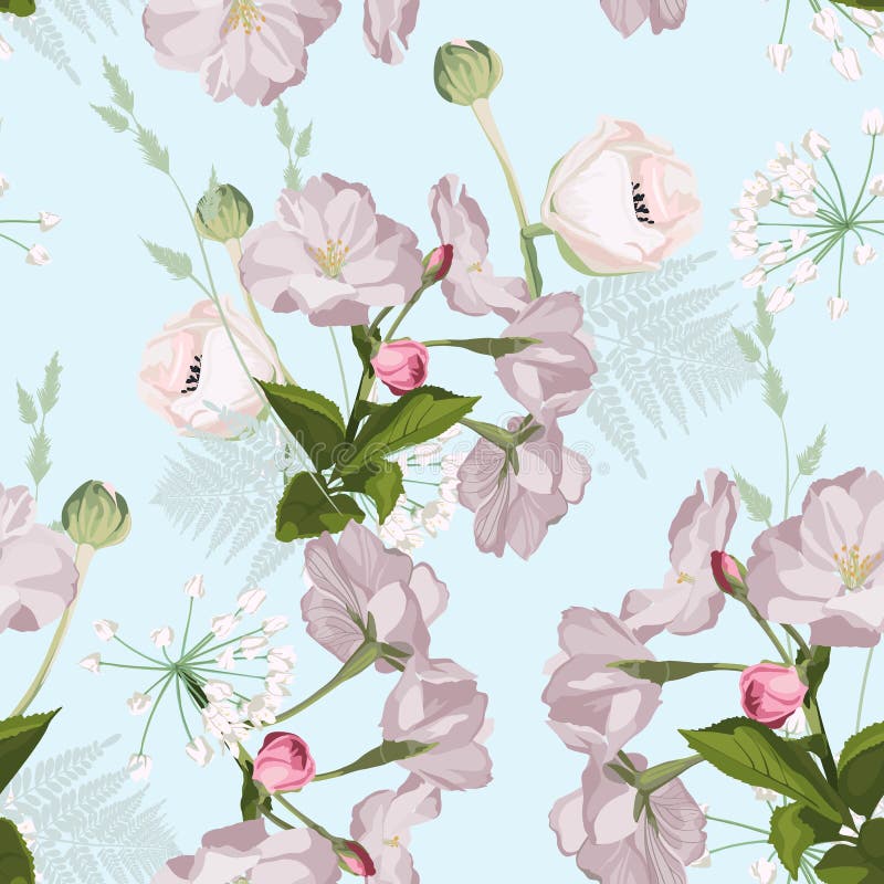 Sakura. Seamless pattern. Pink Cherry blossom branches with herbs and anemones flowers. royalty free illustration Sakura. Seamless pattern. Pink Cherry blossom branches with herbs and anemones flowers. royalty free illustration