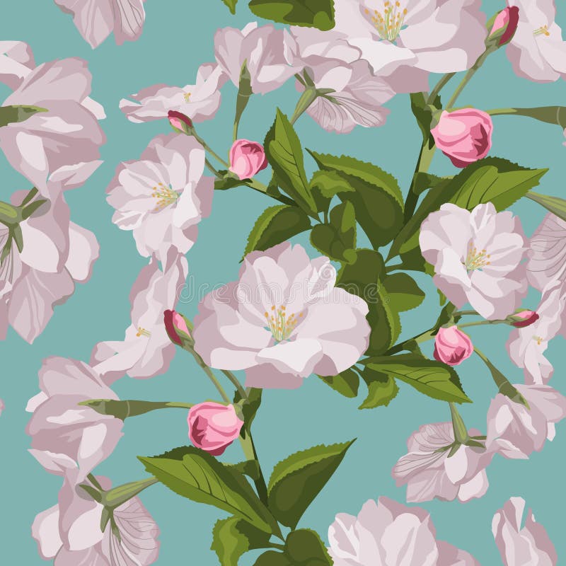 Sakura. Seamless pattern. Pink Cherry blossom branches with leaves. royalty free illustration Sakura. Seamless pattern. Pink Cherry blossom branches with leaves. royalty free illustration