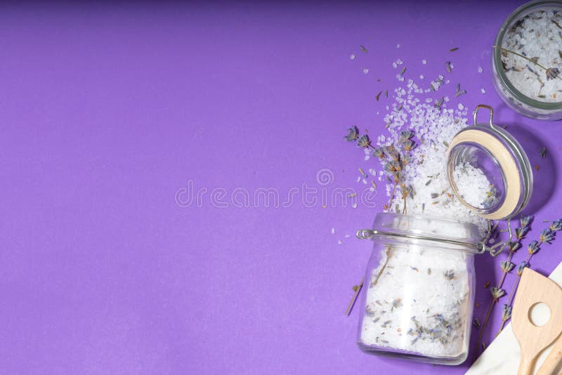 Aromatic lavender salt for cooking. Sea salt mix with dried lavender flowers, trendy seasoning condiment for cooking food, grilling, drinks and cocktails. Aromatic lavender salt for cooking. Sea salt mix with dried lavender flowers, trendy seasoning condiment for cooking food, grilling, drinks and cocktails