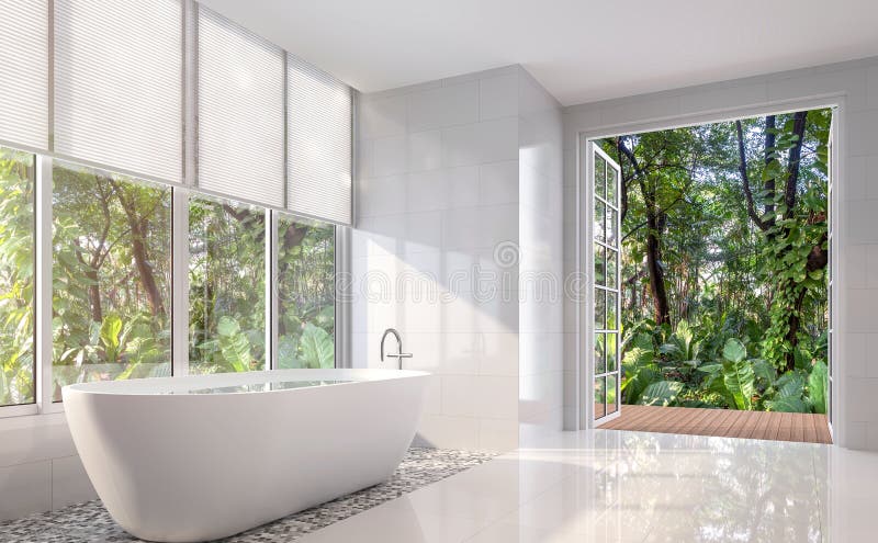A sala branca moderna do banho com estar aberto à natureza 3d rende