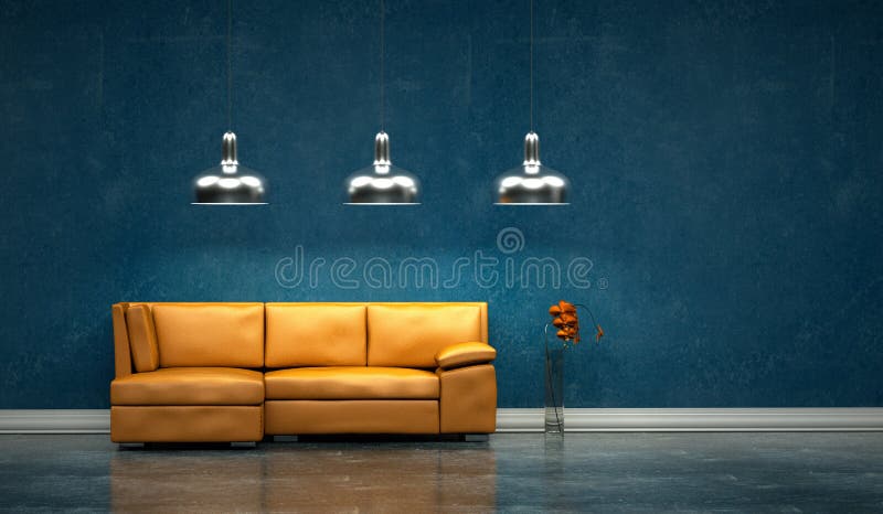 Sala brilhante moderna do design de interiores com sofá alaranjado ilustração royalty free Sala brilhante moderna do design de interiores com sofá alaranjado ilustração royalty free