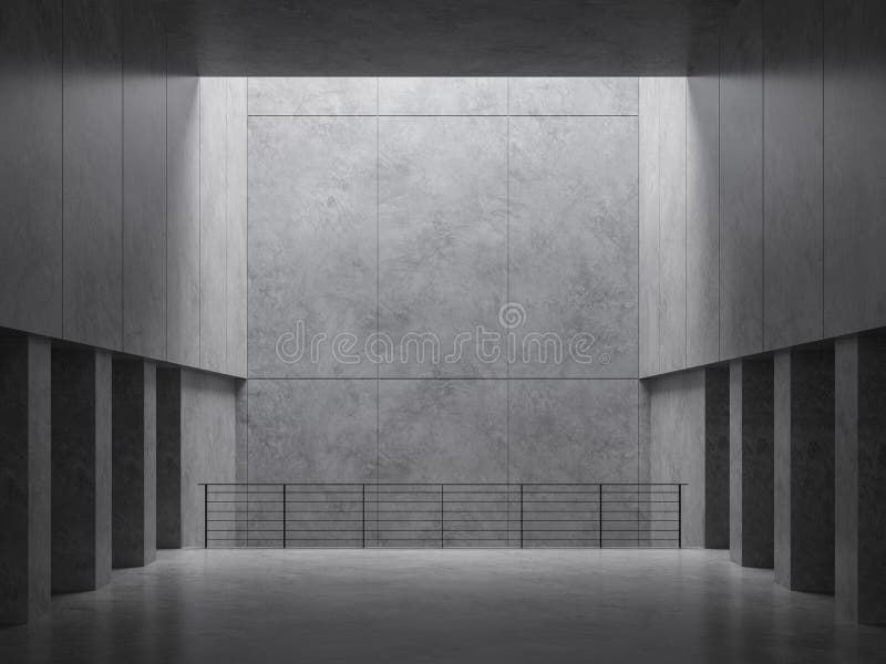 Sala in calcestruzzo vuota con luce naturale dall'alto in 3d illustrazione di stock