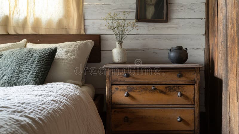 Sala Da Letto Rustica Con Un Contenitore Di Legno E Fiori Secchi. Amosfera Calda E Invitante illustrazione di stock