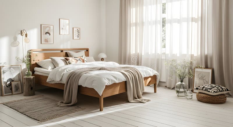 Sala da letto scandinava con luce naturale e colori minimalisti illustrazione vettoriale