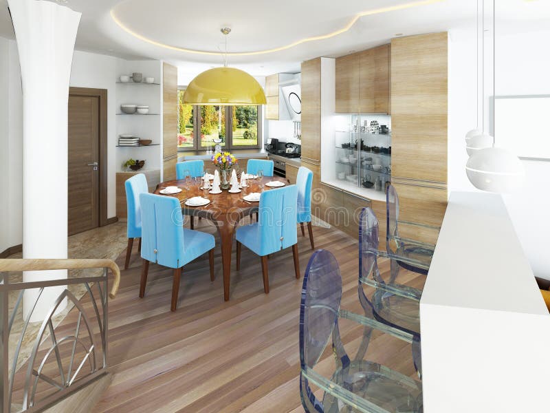 Sala da pranzo moderna con la cucina in un kitsch d'avanguardia di stile illustrazione di stock Sala da pranzo moderna con la cucina in un kitsch d'avanguardia di stile illustrazione di stock