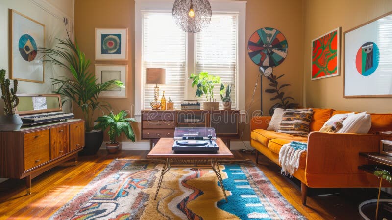 Sala da soggiorno lucida e colorata, piena di un arredo moderno di arredo e di un vivace mix di arte e di royalty illustrazione gratis
