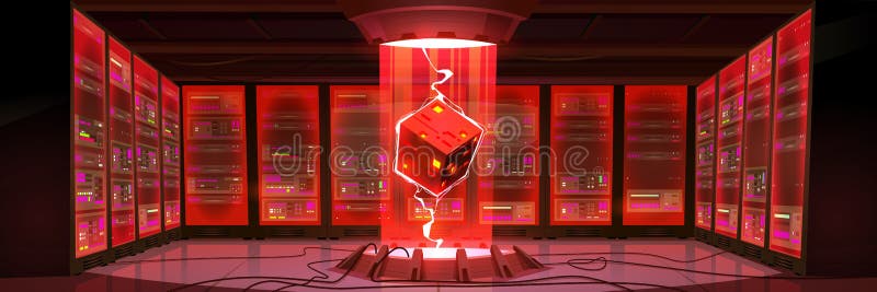 Sala de almacenamiento de información digital del centro de datos con hardware del servidor en racks y holograma del procesador en luz roja. concepto de ilustración de cartografía vectorial de tecnología de datos biológicos