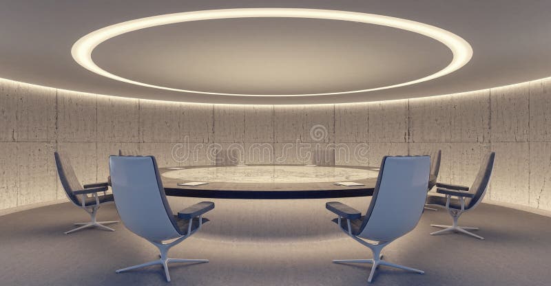 Sala de conferências oval com mesa redonda e cadeiras