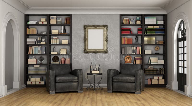 Sala De Estar De Lujo Con El Estante Para Libros Y Las Butacas Grandes