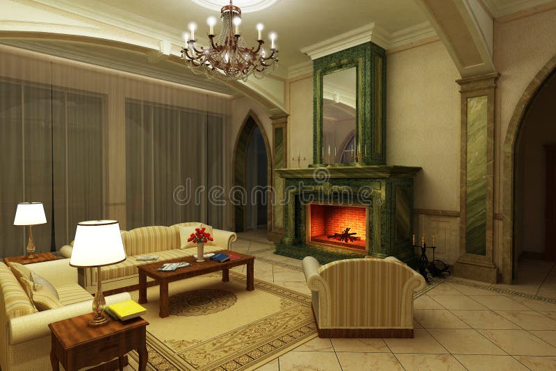 3 D model of the marble drawing-room in classic style. 3 D model of the marble drawing-room in classic style