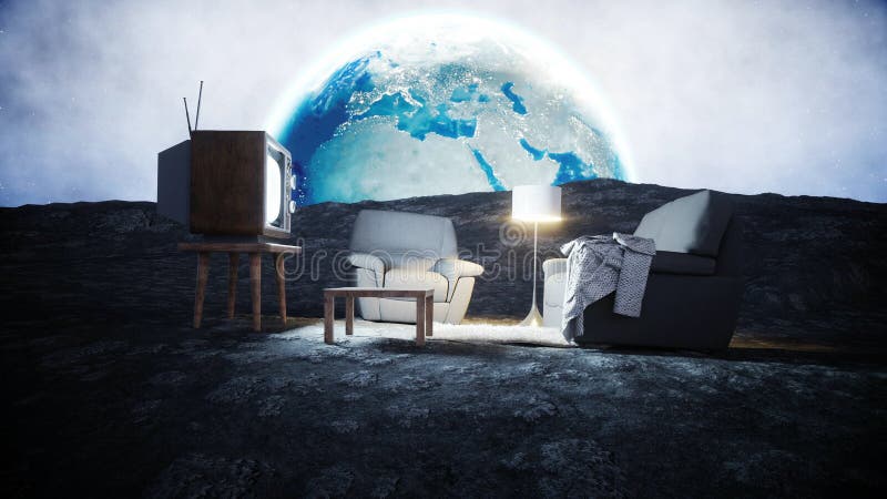 Sala de estar en la luna Viva en el concepto de la luna Fondo de la tierra representación 3d ilustración del vector Sala de estar en la luna Viva en el concepto de la luna Fondo de la tierra representación 3d ilustración del vector