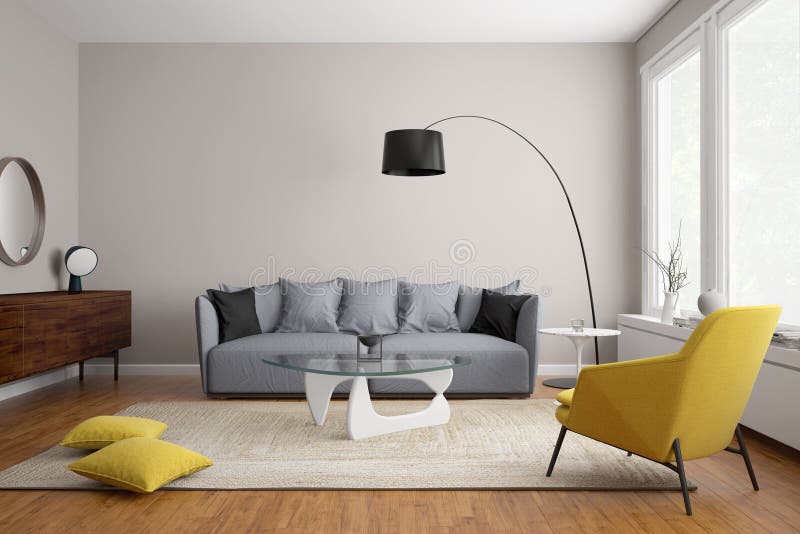 Sala de estar escandinava moderna con el sofá gris libre illustration