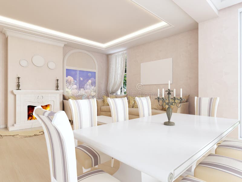 Sala de estar ligera en estilo clásico ligero con los elementos del art déco, con una mesa de comedor por la ventana stock de ilustración Sala de estar ligera en estilo clásico ligero con los elementos del art déco, con una mesa de comedor por la ventana stock de ilustración
