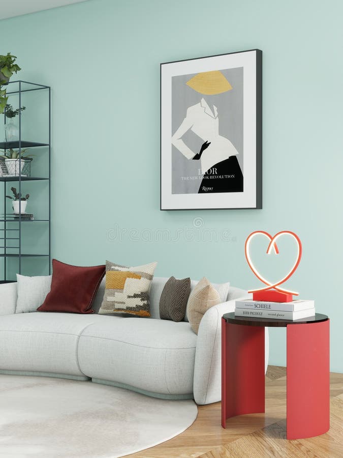 Sala de estar moderna con decoración elegante y renderización 3d con forma de corazón. ilustración del vector