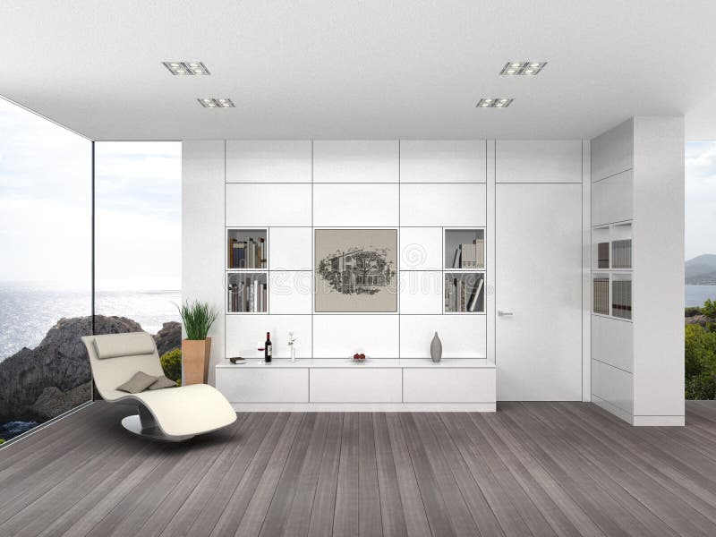 Sala de estar moderna con el embarque blanco de la pared ilustración del vector Sala de estar moderna con el embarque blanco de la pared ilustración del vector