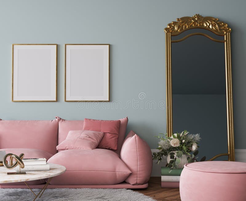 Sala De Estar Moderna Con Sofá Rosa Y Espejo Clásico Dorado Sobre Fondo  Interior Pastel Stock de ilustración - Ilustración de dorado, vector:  249902352