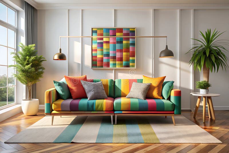 Generado por ai. sala de estar moderna con sofá de rayas de colores y plantas interiores